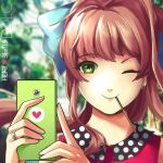  1girl ;) blue_bow blurry blurry_background bow brown_hair cellphone closed_mouth commentary doki_doki_literature_club earrings eyebrows_visible_through_hair food food_in_mouth green_eyes hair_bow hannah_santos heart heart_print highres holding holding_phone jewelry long_hair looking_at_viewer monika_(doki_doki_literature_club) one_eye_closed phone pocky ponytail portrait sidelocks smartphone smile solo star star-shaped_pupils symbol-shaped_pupils 