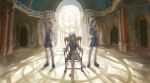  3girls absurdres arms_behind_back barbara_parker blonde_hair blue_eyes brown_hair chair character_request diana_cavendish hanna_england highres la~la legs_crossed little_witch_academia long_hair looking_at_viewer multiple_girls redhead school_uniform short_hair sketch skirt smile witch 