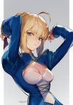  1girl ahoge arms_up artoria_pendragon_(all) bangs blonde_hair blue_dress blue_eyes braid breasts dated dress eyebrows_visible_through_hair fate/stay_night fate_(series) french_braid hair_bun highres juliet_sleeves long_sleeves looking_at_viewer parted_lips puffy_sleeves saber shycocoa sidelocks small_breasts solo upper_body 