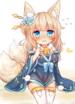  1girl anchor_hair_ornament animal_ears azur_lane blonde_hair blue_eyes blush eyebrows eyebrows_visible_through_hair flower flying_sweatdrops fox_ears fox_tail hair_flower hair_ornament hair_stick long_hair multiple_tails niizuki_(azur_lane) pom_pom_(clothes) solo tail thick_eyebrows thigh-highs white_legwear zettai_ryouiki 