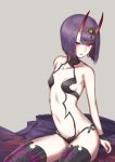  1girl bare_shoulders breasts collarbone emoshon eyebrows_visible_through_hair eyes_visible_through_hair fate/grand_order fate_(series) grey_background highres horns jewelry light_smile looking_at_viewer medium_hair navel oni_horns parted_lips petite purple_hair shuten_douji_(fate/grand_order) simple_background small_breasts solo violet_eyes 