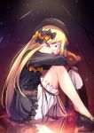  1girl abigail_williams_(fate/grand_order) bangs black_bow black_dress black_footwear black_hat blonde_hair bloomers bow butterfly closed_mouth commentary_request dress fate/grand_order fate_(series) glowing glowing_eyes hair_bow hands_in_sleeves hat keyhole long_sleeves looking_at_viewer looking_to_the_side orange_bow parted_bangs polka_dot polka_dot_bow reflection revision shoes sitting smile solo stuffed_animal stuffed_toy teddy_bear underwear violet_eyes white_bloomers yan_(nicknikg) 