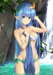  1girl arm_up bangs bathing bikini blue_hair blush bracelet breasts closed_mouth eyebrows_visible_through_hair green_bikini green_eyes hand_up jewelry leaf long_hair looking_at_viewer original outdoors p!nta pointy_ears side-tie_bikini small_breasts solo swimsuit tiara very_long_hair wading water waterfall wet wet_clothes 