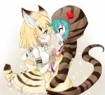  2girls animal_ears aqua_hair blonde_hair blush bow bowtie brown_eyes cat_ears cat_tail commentary_request elbow_gloves eye_contact gloves hands_in_pockets hekicho hood hoodie kemono_friends layered_skirt looking_at_another multiple_girls open_mouth ribbon sand_cat_(kemono_friends) snake_tail striped_hoodie tail triangle_mouth tsuchinoko_(kemono_friends) tying yellow_eyes 