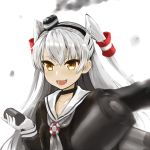  1girl amatsukaze_(kantai_collection) brown_dress brown_eyes depth_charge dress gloves hair_tubes hat kancolle_arcade kantai_collection long_hair mini_hat miyako_(miyako_lplover) open_mouth sailor_collar sailor_dress silver_hair single_glove smile solo torpedo_tubes two_side_up upper_body white_gloves windsock 