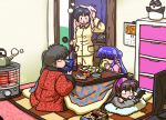  4girls bangs black_hair blunt_bangs blush boiling bottle calendar_(object) cameo card character_doll checkered chest_of_drawers closed_eyes controller cup double_bun drink drinking drying drying_hair floral_print food food_in_mouth fruit grey_sweater hairband hand_on_own_head handheld_game_console hanten_(clothes) heater hood hood_down hoodie indoors kettle kotatsu kunou_kodachi kuonji_ukyou long_hair long_sleeves looking_at_another lying magazine mandarin_orange manga_(object) mouth_hold multiple_girls nintendo_3ds on_stomach orange pajamas phone pillow playing_games purple_hair ranma_1/2 rotary_phone saotome_genma saotome_ranma shampoo_(ranma_1/2) short_hair side_ponytail sidelocks sitting sliding_doors socket_(tool) standing steam stove stuffed_animal stuffed_panda stuffed_toy sweater table television tendou_akane towel towel_on_head turtleneck turtleneck_sweater under_table wall wantan-orz wet yunomi 
