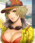  1girl artist_request baseball_cap blonde_hair breasts cidney_aurum cleavage cropped_jacket final_fantasy final_fantasy_xv goggles green_eyes hat highres jacket large_breasts looking_at_viewer short_hair smile solo 