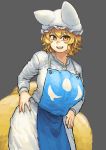  1girl :d absurdres adapted_costume animal_ears apron bangs blonde_hair blush chanta_(ayatakaoisii) contrapposto cowboy_shot eyebrows_visible_through_hair fox_ears fox_tail grey_background hands_on_hips hat highres leaning_forward long_skirt long_sleeves multiple_tails open_mouth pillow_hat shirt short_hair simple_background skirt smile solo standing tail touhou white_shirt white_skirt yakumo_ran yellow_eyes 