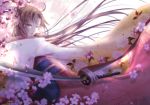  1girl ajun brown_eyes brown_hair dutch_angle fate/grand_order fate_(series) floral_print flower_request highres japanese_clothes kara_no_kyoukai katana kimono long_hair obi ryougi_shiki sash sword weapon wide_sleeves 