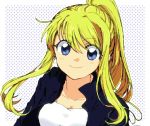  1girl bangs blonde_hair blue_background blue_eyes blush eyebrows_visible_through_hair fullmetal_alchemist happy jacket long_hair looking_at_viewer ponytail shirt simple_background smile solo_focus tsukuda0310 white_background white_shirt winry_rockbell 