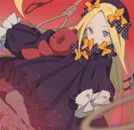  1girl abigail_williams_(fate/grand_order) bangs black_bow black_dress black_hat blonde_hair bloomers blue_eyes blurry blurry_foreground blush bow butterfly commentary_request covered_mouth depth_of_field dress fate/grand_order fate_(series) hair_bow hands_in_sleeves hat long_sleeves looking_at_viewer noose orange_bow parted_bangs polka_dot polka_dot_bow red_background rope signature solo underwear white_bloomers xiao_chichi 