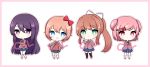  4girls :t artist_name bangs black_legwear blazer blue_eyes blue_skirt blush bow breasts brown_hair chibi collared_shirt crossed_arms doki_doki_literature_club eyebrows_visible_through_hair green_eyes hair_between_eyes hair_bow hair_ornament hair_ribbon hairclip hand_on_hip hand_on_own_arm highres jacket long_hair long_sleeves looking_at_viewer monika_(doki_doki_literature_club) multiple_girls natsuki_(doki_doki_literature_club) neck_ribbon open_mouth oppaniichan pink_eyes pink_hair pleated_skirt ponytail purple_hair ribbon sayori_(doki_doki_literature_club) school_uniform shirt sidelocks simple_background skirt smile standing thigh-highs vest violet_eyes watermark white_background white_legwear white_shirt wing_collar yuri_(doki_doki_literature_club) 