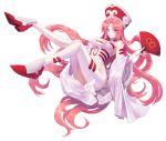  1girl blue_eyes breasts elbow_gloves facial_mark fingerless_gloves gloves hat highleg highres houshin_engi large_breasts leotard long_hair looking_at_viewer pink_hair smile so_dakki solo thigh-highs u_mai very_long_hair white_legwear 