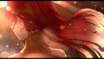  1girl artist_name blurry depth_of_field floating_hair from_behind glint isshiki_(ffmania7) letterboxed long_hair petals ponytail pyrrha_nikos rwby sidelocks signature solo twitter_username upper_body 