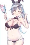  1girl absurdres armpit_peek bangs bare_arms bare_legs bare_shoulders bikini black_ribbon black_swimsuit blush bow bowtie breasts choker cleavage collarbone cup drinking_glass five-seven_(girls_frontline) food front-tie_bikini front-tie_top girls_frontline gluteal_fold hair_ornament hair_ribbon hairclip hand_up highres holding holding_drinking_glass ice_cream large_breasts long_hair looking_at_viewer lowleg lowleg_bikini navel one_eye_closed parfait ponytail ribbon side-tie_bikini silver_hair solo spam stomach straw swimsuit thighs very_long_hair white_background 