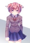  1girl angry blue_skirt blush breasts clenched_hands clenched_teeth collared_shirt commentary crying crying_with_anger crying_with_eyes_open doki_doki_literature_club eyebrows_visible_through_hair grey_jacket hair_ornament hairclip jacket long_sleeves looking_at_viewer natsuki_(doki_doki_literature_club) numbers_(boars) pink_eyes pink_hair ribbon school_uniform shirt simple_background skirt small_breasts solo team_salvato tears teeth vest walking white_shirt wing_collar 