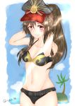  1girl :d absurdres bikini blush breasts brown_hair character_request cleavage cowboy_shot demon_archer fate/grand_order fate_(series) groin hair_between_eyes hands_in_hair hat highres island long_hair medium_breasts navel oda_nobunaga_(swimsuit_berserker)_(fate) open_mouth palm_tree red_eyes riyo_(ryon_96) sketch smile solo swimsuit thighs tree twitter_username 