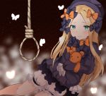  1girl abigail_williams_(fate/grand_order) bangs black_bow black_dress black_hat blonde_hair bloomers bow butterfly closed_mouth commentary_request dress eyebrows_visible_through_hair fate/grand_order fate_(series) fou_(ssqseeker) green_eyes hair_bow hands_in_sleeves hat highres long_sleeves looking_at_viewer noose object_hug orange_bow parted_bangs polka_dot polka_dot_bow rope sitting solo stuffed_animal stuffed_toy tears teddy_bear underwear white_bloomers 