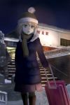  1girl black_background black_footwear blonde_hair blue_coat blue_eyes blurry blurry_foreground bobblehat breath briefcase brown_scarf building casual depth_of_field footprints fringe fusou_(fuso0205) girls_und_panzer hat highres holding katyusha location_request long_sleeves medium_skirt night night_sky pantyhose pink_skirt red_hat skirt sky snow solo stairs statue translation_request winter winter_clothes 
