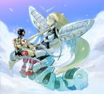  1boy 1girl antennae blonde_hair character_request clouds copyright_request extra_arms flying foot_dangle hand_holding height_difference holding_person long_hair looking_at_another outdoors petals robot sidelocks sitting twitter_username very_long_hair yuriyuri_(ccc) 