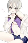  1girl bare_shoulders black_eyes black_panties blue_shorts blush breasts camisole camisole_lift cardigan cleavage collarbone ear_piercing earrings eyebrows_visible_through_hair ginnote grey_hair hair_between_eyes heart idolmaster idolmaster_cinderella_girls jewelry lifted_by_self looking_at_viewer medium_breasts navel no_bra open_cardigan open_clothes pale_skin panties piercing purple_shirt shiomi_shuuko shirt shirt_lift short_hair short_shorts shorts simple_background sitting smile solo spaghetti_strap strap_slip tongue tongue_out under_boob underwear undressing unzipped white_background 