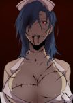  +_+ 1girl blood blood_from_mouth blue_hair breasts cleavage ganno hair_down hair_over_one_eye hat highres large_breasts long_hair looking_at_viewer nurse nurse_cap red_background red_eyes scar skullgirls solo stitches upper_body valentine_(skullgirls) 