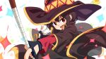  1girl :d black_cape black_gloves blush brown_hair cape eyebrows_visible_through_hair fingerless_gloves gloves hair_between_eyes hat head_tilt holding holding_staff kono_subarashii_sekai_ni_shukufuku_wo! long_sleeves looking_at_viewer megumin open_mouth outstretched_arm pointing red_eyes smile solo sparkle staff tomato_(lsj44867) upper_body v-shaped_eyebrows white_background witch witch_hat 