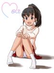  :d bangs black_eyes black_hair character_name character_signature child commentary_request eyebrows_visible_through_hair fukuyama_mai full_body hands_on_own_knees heart heart_of_string heart_shape high_ponytail idolmaster idolmaster_cinderella_girls knees_together_feet_apart legs_together lielos long_hair looking_at_viewer no_shoes open_mouth panties pantyshot pantyshot_(sitting) plaid plaid_skirt red_skirt shadow side_ponytail sidelocks sitting skirt sleeves_past_wrists smile sweater underwear white_background white_panties 