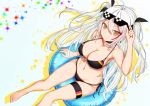  1girl antenna_hair arm_at_side arm_up armpits azur_lane bare_arms bare_legs bare_shoulders barefoot bikini black_bikini black_choker black_ribbon blush breasts cleavage closed_mouth collarbone deal_with_it eyebrows_visible_through_hair eyewear_on_head flag_print from_above german_flag_bikini hair_between_eyes highres innertube large_breasts long_hair multicolored_hair navel prinz_eugen_(azur_lane) redhead ribbon side-tie_bikini silver_hair sitting smile solo sparkle_background stomach swimsuit thigh_strap tsurime two-tone_hair two_side_up uxesuto very_long_hair 