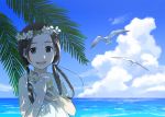  1girl :d bird black_eyes blue_sky brown_hair cat clouds day dress flower head_wreath holding holding_cat horizon long_hair looking_at_viewer low_twintails morifumi ocean open_mouth original outdoors palm_tree seagull sky smile solo tree tree_shade twintails under_tree water white_dress 