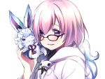  1girl blush creature fate/grand_order fate_(series) fingernails fou_(fate/grand_order) glasses hair_over_one_eye hand_up highres hood hood_down looking_at_viewer mash_kyrielight one_eye_covered parted_lips pink_hair short_hair simple_background smile upper_body vanilla_(miotanntann) violet_eyes white_background white_hoodie 