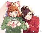  2girls black_hair blue_eyes blush bow closed_eyes cup freckles hair_bow half-closed_eyes head_on_shoulder highres jewelry lulu-chan92 multiple_girls orange_hair penny_polendina pink_bow ring ruby_rose rwby short_hair smile sweater turtleneck turtleneck_sweater wedding_band wedding_ring wife_and_wife winter_clothes yuri 