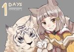  1girl blue_eyes byakko_(xenoblade) clenched_teeth countdown grey_background grin looking_at_viewer nia_(xenoblade) number shadow2810 short_hair silver_hair simple_background smile solo teeth tiger upper_body white_tiger xenoblade xenoblade_2 yellow_eyes 