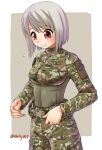  1girl belt blush breasts camouflage camouflage_pants cowboy_shot crop_top ebifly eyebrows_visible_through_hair fingernails flying_sweatdrops grey_background jacket long_sleeves looking_down medium_breasts military original pants red_eyes silver_hair simple_background soldier solo standing twitter_username 