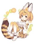  1girl animal_ears blonde_hair bow bowtie cao_hong_anh fennec_(kemono_friends) highres kemono_friends short_hair solo striped_tail thigh-highs 