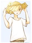  1boy blonde_hair flower gladio_(pokemon) green_eyes hair_over_one_eye hat hibiscus open_mouth pokemon pokemon_(game) pokemon_sm shirt short_hair solo straw_hat t-shirt 
