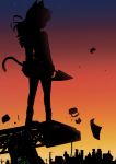  1girl animal_ears bag boots cat_ears cat_girl cat_tail cellphone flip_phone glint gradient_sky holding holding_weapon leaves_in_wind long_hair long_sleeves nekono_rin original phone school_bag silhouette skirt sky solo standing star_(sky) starry_sky sunset tail weapon 