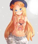  1girl abigail_williams_(fate/grand_order) bangs black_bow black_hat blonde_hair bloomers blue_eyes blush bow closed_mouth collarbone commentary_request fate/grand_order fate_(series) garun_wattanawessako grey_background hair_bow hat head_tilt holding holding_stuffed_animal long_hair looking_at_viewer orange_bow outstretched_arms parted_bangs solo stuffed_animal stuffed_toy teddy_bear topless underwear very_long_hair white_bloomers 