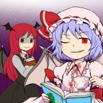  2girls :&gt; ;d bat_wings blood bloody_clothes blue_hair book book_hug bow collared_shirt commentary_request cup dress_shirt empty_eyes eyebrows_visible_through_hair gradient gradient_background hat hat_bow head_wings holding holding_book koakuma long_hair long_sleeves looking_at_another looking_at_viewer mob_cap multiple_girls nail_polish necktie one_eye_closed open_book open_mouth pekamatu red_eyes red_neckwear redhead remilia_scarlet sharp_teeth shirt short_hair simple_background skirt skirt_set smile sweat teacup teeth touhou turn_pale white_shirt wings 