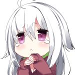  1girl :&lt; absurdres ahoge bangs blush breasts chibi cleavage closed_mouth eyebrows_visible_through_hair hair_between_eyes highres hood hoodie kamioka_shun&#039;ya long_sleeves looking_away original own_hands_together red_hoodie shiori_(kamioka_shun&#039;ya) silver_hair simple_background solo tears violet_eyes white_background 