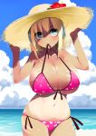  1girl beach bikini blonde_hair blue_eyes blush bracelet breasts cleavage clouds flower front-tie_top gen_(black_factory) hat hat_flower hibiscus highres holding holding_hat jewelry looking_at_viewer mouth_hold navel ocean original pink_bikini short_hair side-tie_bikini sky smile solo straw_hat swimsuit tan tanline 