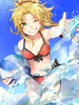  ;d ball beachball bikini blonde_hair blue_skirt breasts dutch_angle eyebrows_visible_through_hair fate/grand_order fate_(series) front-tie_top green_eyes long_hair medium_breasts mordred_(fate)_(all) mordred_(swimsuit_rider)_(fate) navel nikame one_eye_closed open_mouth outstretched_arm ponytail red_bikini red_scrunchie side-tie_bottom skirt smile splashing swimsuit thigh_gap 
