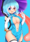 1girl alternate_costume blue_background blue_eyes blue_hair breasts china_dress chinese_clothes cleavage cowboy_shot double_v dress elbow_gloves gloves hands_up heterochromia highres holding holding_umbrella looking_at_viewer medium_breasts navel red_eyes simple_background sketch sleeveless sleeveless_dress smile solo tatara_kogasa thigh-highs tokoya_(ex-hetare) tongue touhou umbrella v white_gloves white_legwear wide_hips 