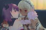  2girls altera_(fate) bare_shoulders black_bow blonde_hair blush bow character_doll closed_mouth dark_skin detached_collar detached_sleeves eye_contact eyebrows_visible_through_hair fate/grand_order fate_(series) fujimaru_ritsuka_(female) hair_bow hand_on_another&#039;s_head helena_blavatsky_(fate/grand_order) kibadori_rue long_hair looking_at_another multiple_girls parted_lips purple_hair red_eyes riyo_(lyomsnpmp)_(style) short_hair smile veil violet_eyes yuri 
