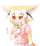 1girl animal_ears bangs blonde_hair blush bow bowtie clutching_chest crying crying_with_eyes_open elbow_gloves eyebrows_visible_through_hair fennec_(kemono_friends) fox_ears fur_trim gloves kemono_friends looking_down orange_eyes orange_gloves orange_neckwear parted_lips pink_shirt pink_skirt pleated_skirt puffy_short_sleeves puffy_sleeves shirt short_sleeves simple_background skirt solo standing tanaka_kusao tears white_background 