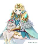  1girl animal armor bangs bird cape commentary crown dress earrings eyebrows_visible_through_hair feather_trim feh_(fire_emblem_heroes) fire_emblem fire_emblem_heroes fjorm_(fire_emblem_heroes) gradient gradient_hair heart ippers jewelry multicolored_hair owl short_dress short_hair shoulder_armor simple_background sitting smile striped thigh-highs twitter_username vertical_stripes white_background 