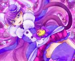  1girl animal_ears arms_up bow bubble_skirt cat_ears cat_tail cowboy_shot cure_macaron dress earrings elbow_gloves extra_ears food_themed_hair_ornament gloves hair_ornament jewelry kirakira_precure_a_la_mode kotozume_yukari layered_dress light_particles long_hair looking_at_viewer macaron_hair_ornament magical_girl nobumoto parted_lips precure puffy_sleeves purple purple_background purple_bow purple_dress purple_hair purple_legwear skirt smile solo tail thigh-highs violet_eyes white_gloves 