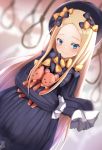  1girl abigail_williams_(fate/grand_order) bangs black_bow black_dress black_hat blonde_hair blue_eyes blurry blurry_background blush bow butterfly closed_mouth commentary_request depth_of_field dress dutch_angle fate/grand_order fate_(series) hair_bow hands_in_sleeves hat highres long_sleeves looking_at_viewer maosame noose object_hug orange_bow parted_bangs polka_dot polka_dot_bow rope smile solo stuffed_animal stuffed_toy teddy_bear 