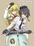  2girls :q anzio_(emblem) anzio_school_uniform bag bangs beret black_gloves black_hair black_hat black_skirt blonde_hair braid brown_eyes carpaccio character_name dress_shirt emblem eyebrows_visible_through_hair girls_und_panzer gloves green_eyes grey_background grocery_bag ground_vehicle hand_on_headwear hat long_hair long_sleeves looking_at_another miniskirt motor_vehicle multiple_girls mutsu_(layergreen) pantyhose parted_lips pepperoni_(girls_und_panzer) pleated_skirt riding school_uniform scooter shirt shopping_bag short_hair side_braid simple_background sitting skirt tongue tongue_out vespa white_legwear white_shirt 