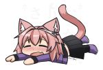  1boy :d =_= animal_ears astolfo_(fate) bangs black_skirt blush cat_ears cat_tail chibi closed_eyes eyebrows_visible_through_hair facing_viewer fang fate/apocrypha fate_(series) full_body grey_footwear kaafi long_sleeves lying male_focus nose_blush on_stomach open_mouth pink_hair pleated_skirt purple_shirt shirt shoes signature skirt smile solo tail trap watermark white_background wide_face 